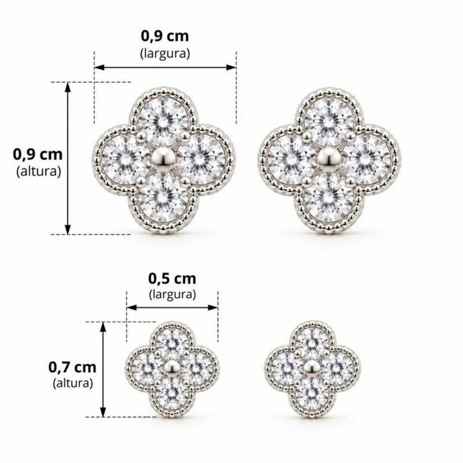 Brinco Duplo Flor 4 Pétalas Zircônia Cristal Banhado a Prata