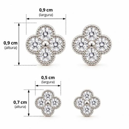 Brinco Duplo Flor 4 Pétalas Zircônia Cristal Banhado a Prata