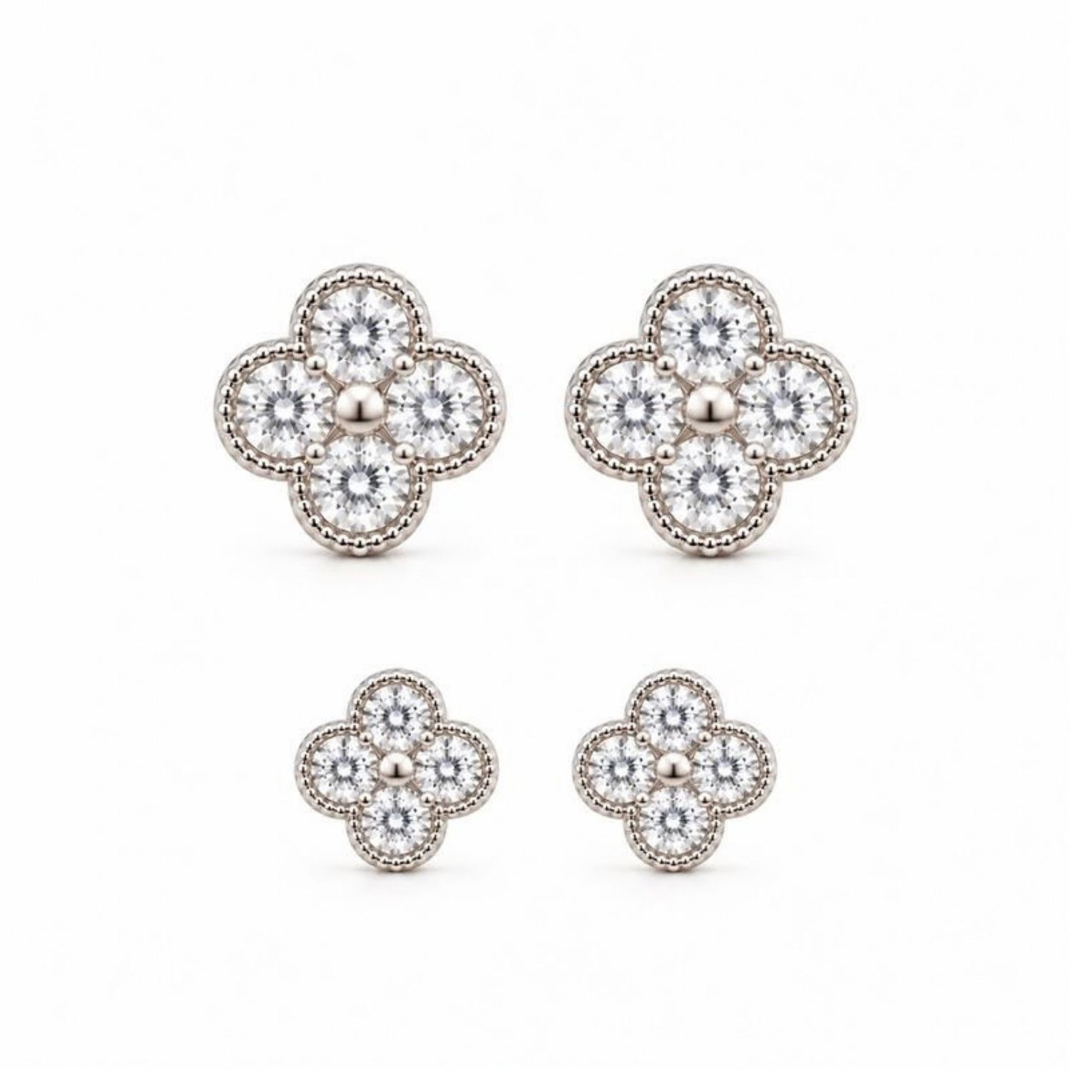 Brinco Duplo Flor 4 Pétalas Zircônia Cristal Banhado a Prata