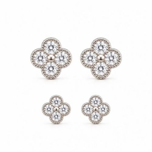 Brinco Duplo Flor 4 P�talas Zirc�nia Cristal Banhado a Prata