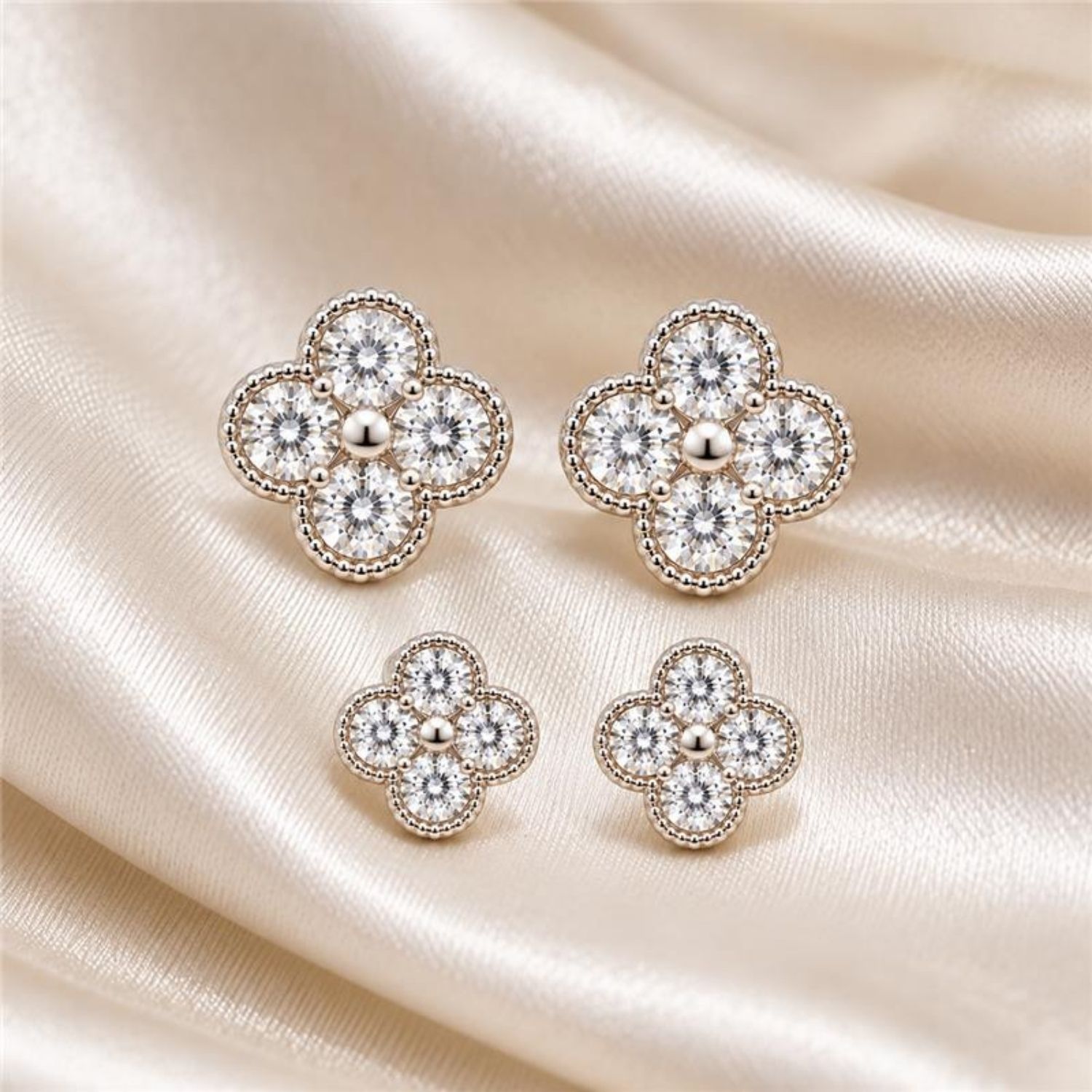 Brinco Duplo Flor 4 Pétalas Zircônia Cristal Banhado a Prata
