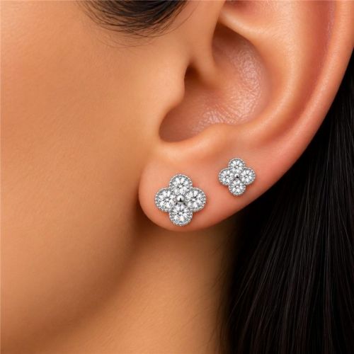 Brinco Duplo Flor 4 P�talas Zirc�nia Cristal Banhado a Prata