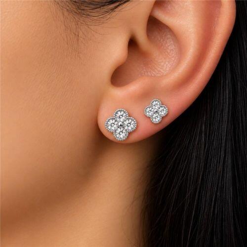 Brinco Duplo Flor 4 P�talas Zirc�nia Cristal Banhado a Prata