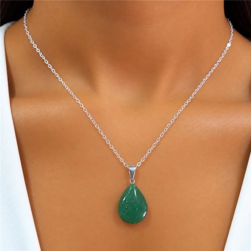 Colar Gota Pedra Natural Quartzo Ma�a Verde Banhado a Prata