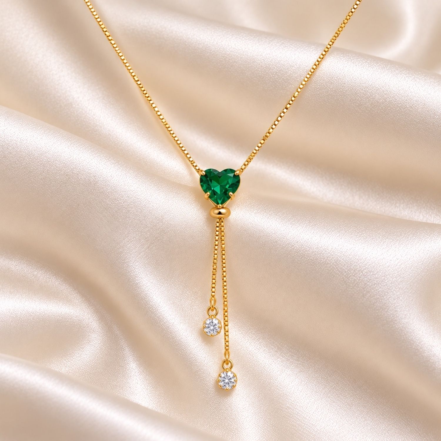 Colar Gravatinha Regulável Coração Zircônia Esmeralda Banhado a Ouro