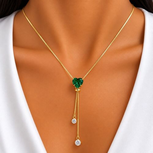 Colar Gravatinha Regulável Coração Zircônia Esmeralda Banhado a Ouro