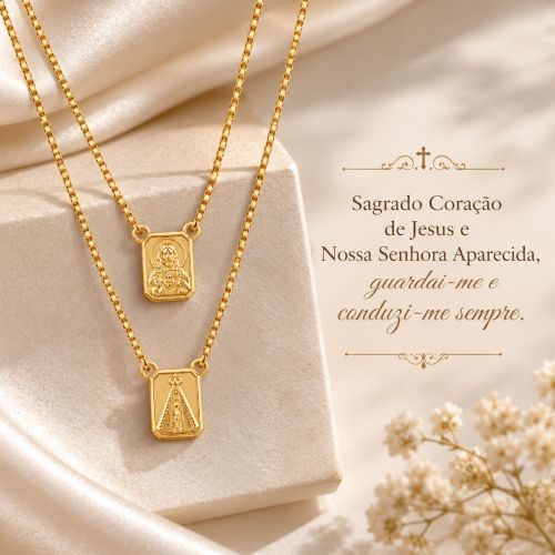 Escapulário Sagrado Coração com Nossa Senhora Aparecida Banhado a Ouro