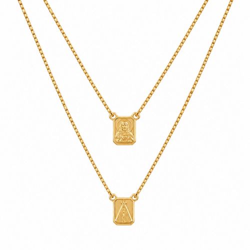 Escapulário Sagrado Coração com Nossa Senhora Aparecida Banhado a Ouro
