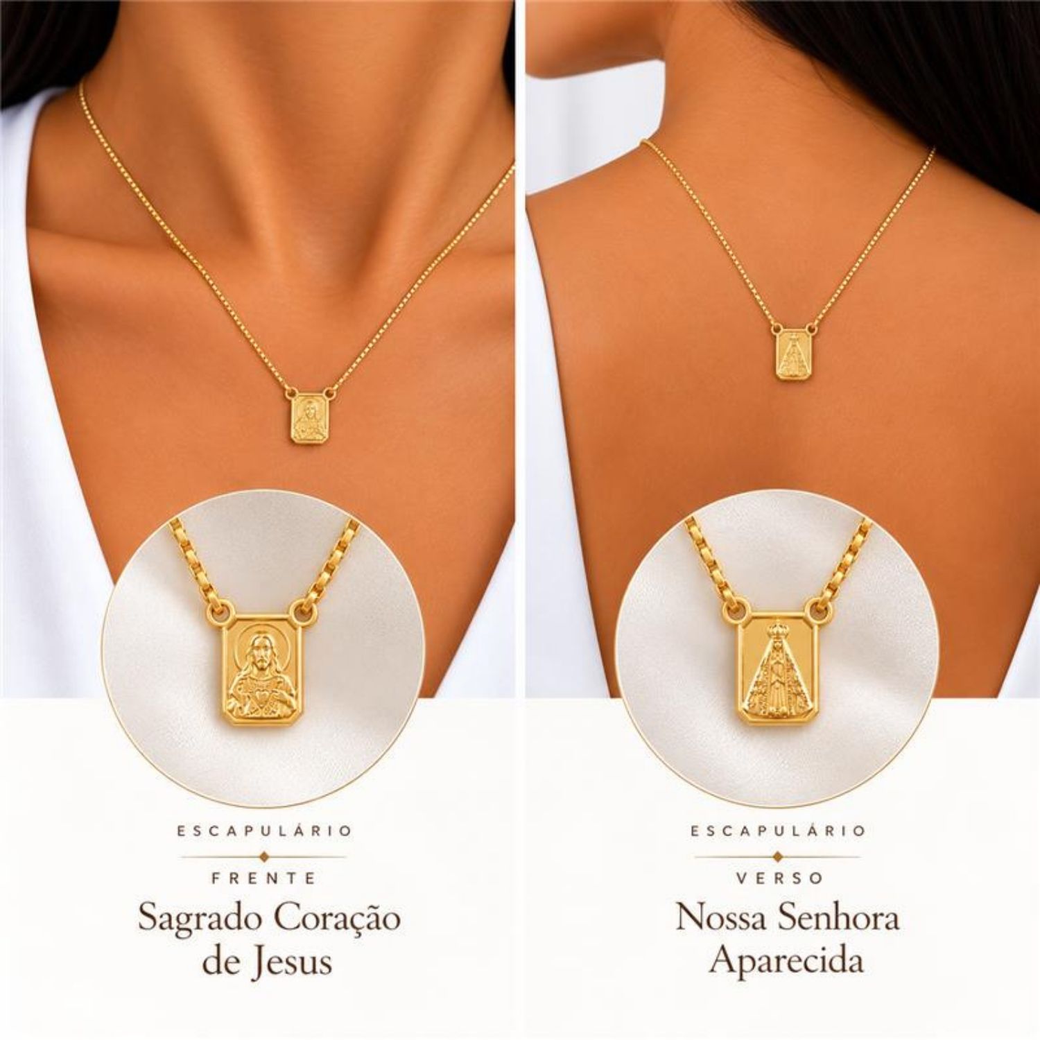 Escapulário Sagrado Coração com Nossa Senhora Aparecida Banhado a Ouro