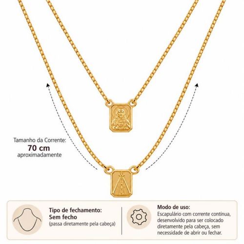 Escapulário Sagrado Coração com Nossa Senhora Aparecida Banhado a Ouro