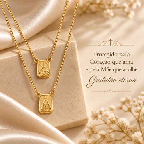 Escapulário Sagrado Coração com Nossa Senhora Aparecida Banhado a Ouro