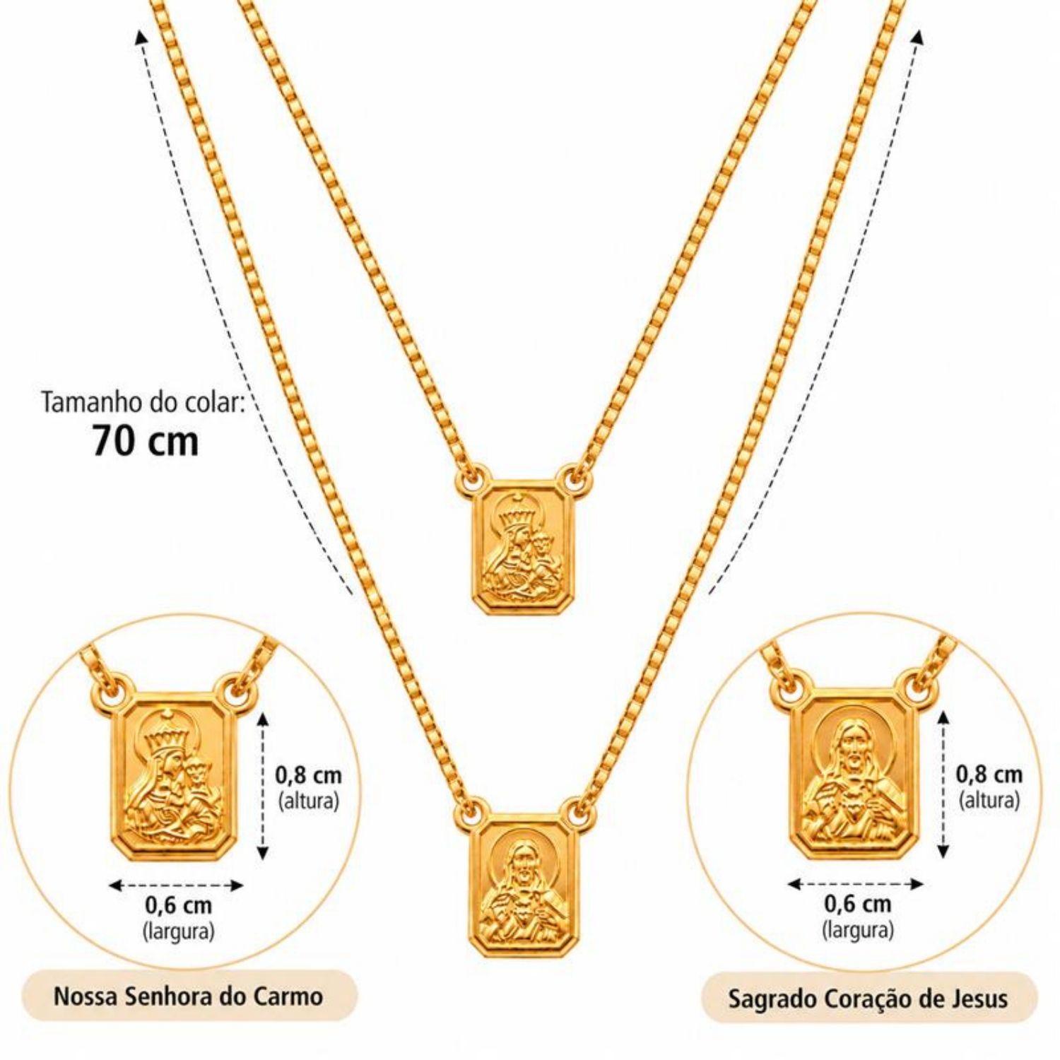 Escapulário Nossa Senhora do Carmo com Sagrado Coração Banhado a Ouro