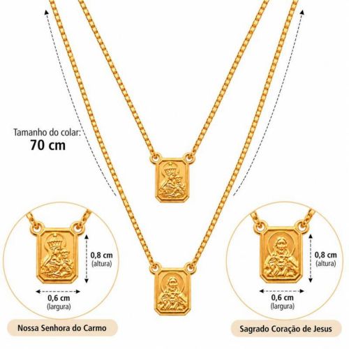 Escapulário Nossa Senhora do Carmo com Sagrado Coração Banhado a Ouro