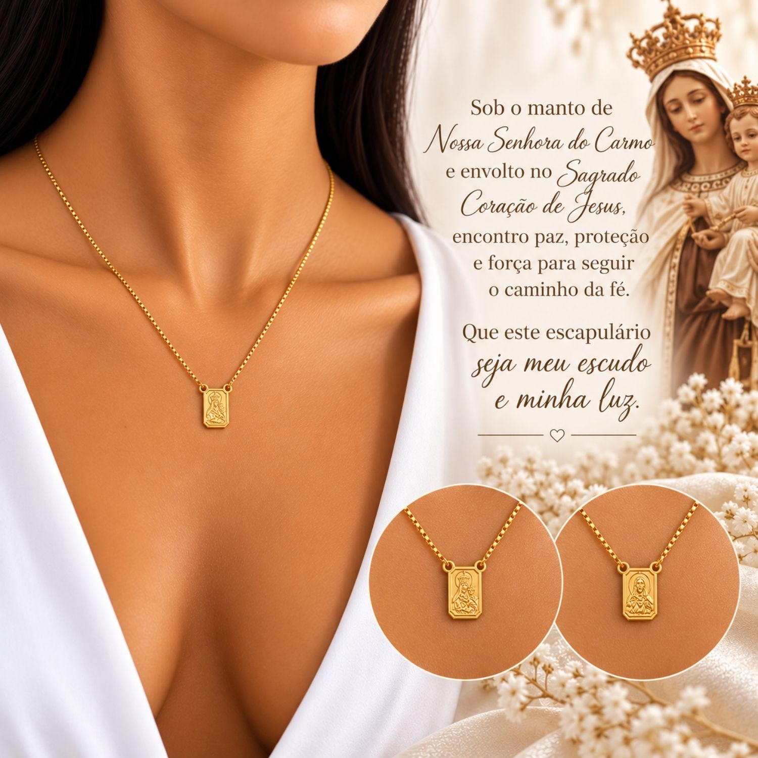 Escapulário Nossa Senhora do Carmo com Sagrado Coração Banhado a Ouro