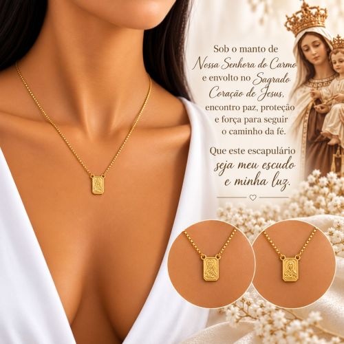 Escapulário Nossa Senhora do Carmo com Sagrado Coração Banhado a Ouro