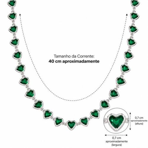 Colar Corações Cristal Esmeralda Banhado a Prata