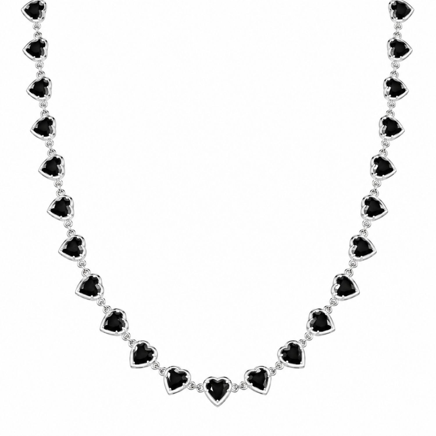 Colar Corações Cristal Negro Banhado a Prata