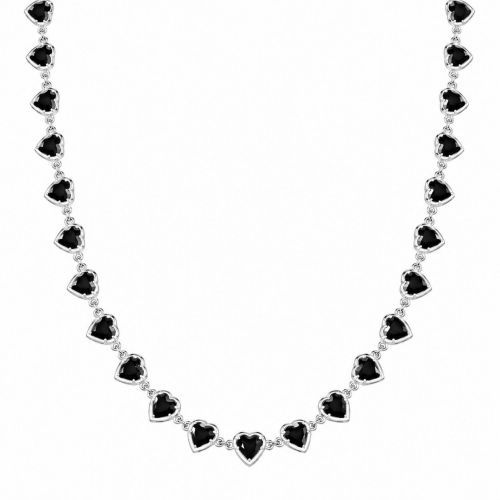 Colar Corações Cristal Negro Banhado a Prata