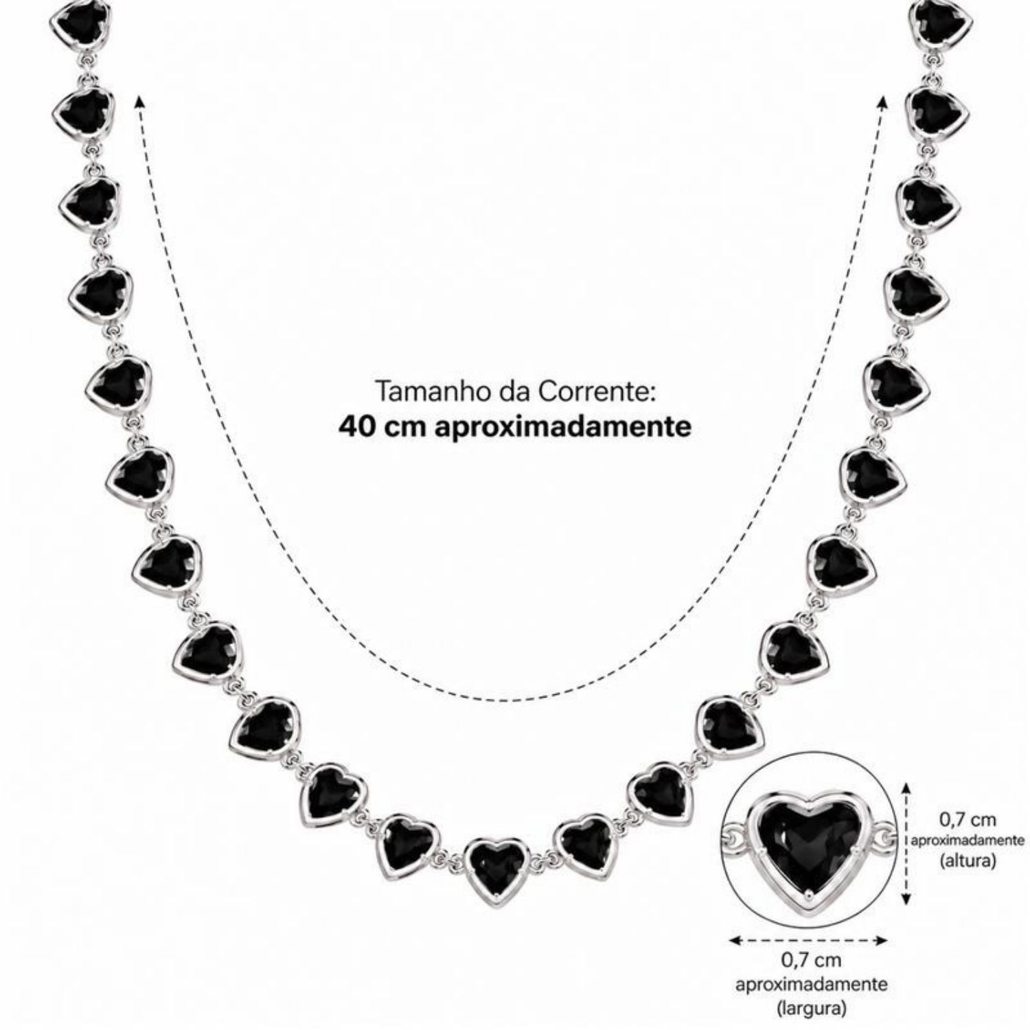 Colar Corações Cristal Negro Banhado a Prata
