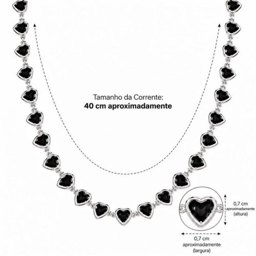 Colar Corações Cristal Negro Banhado a Prata