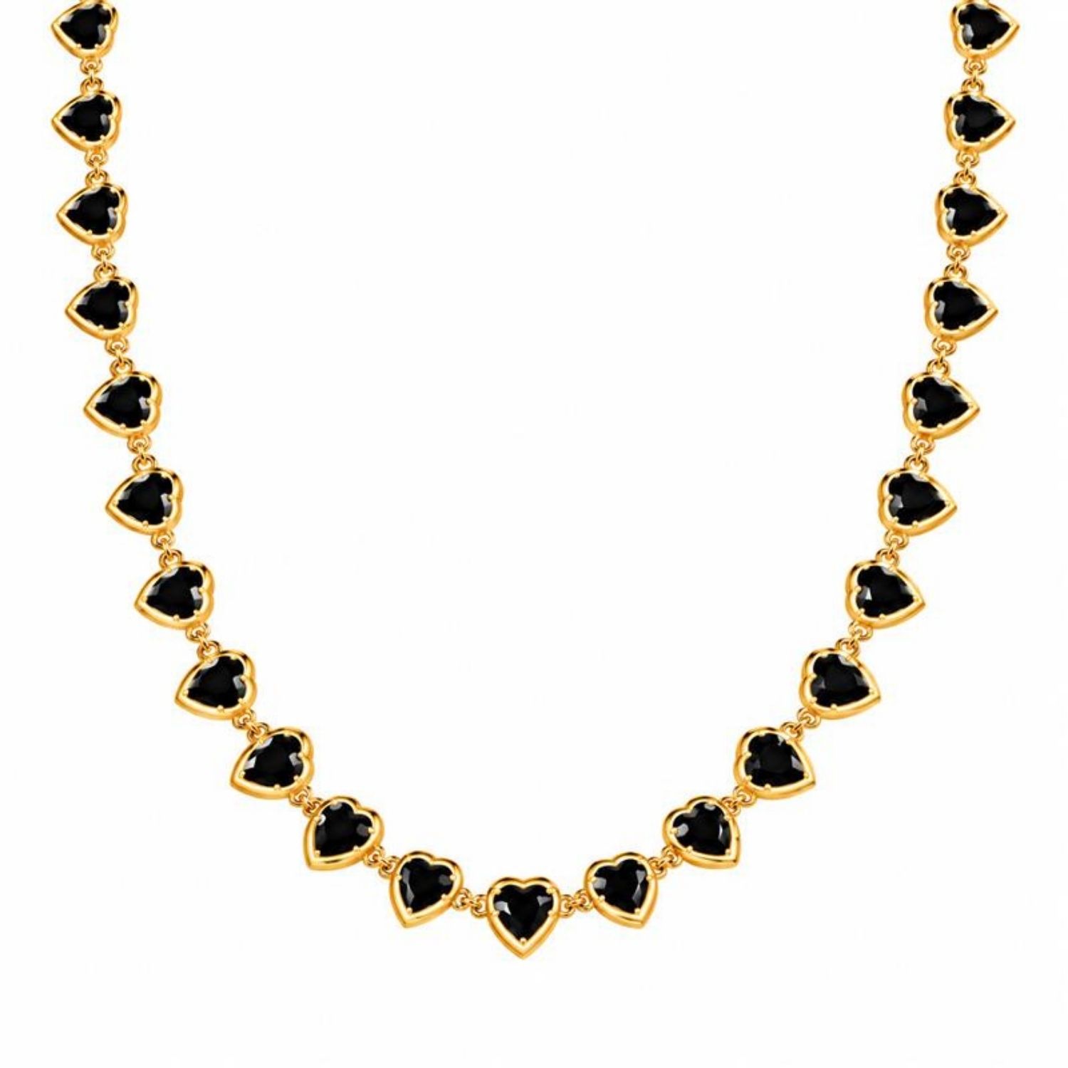 Colar Corações Cristal Negro Banhado a Ouro