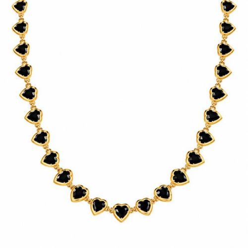 Colar Corações Cristal Negro Banhado a Ouro