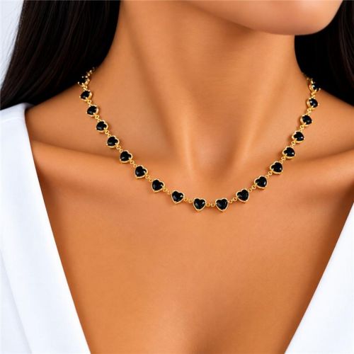 Colar Corações Cristal Negro Banhado a Ouro