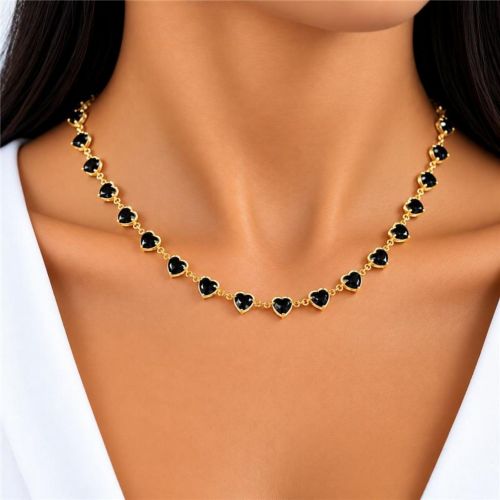 Colar Corações Cristal Negro Banhado a Ouro