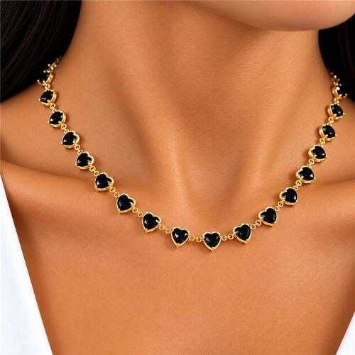 Colar Corações Cristal Negro Banhado a Ouro