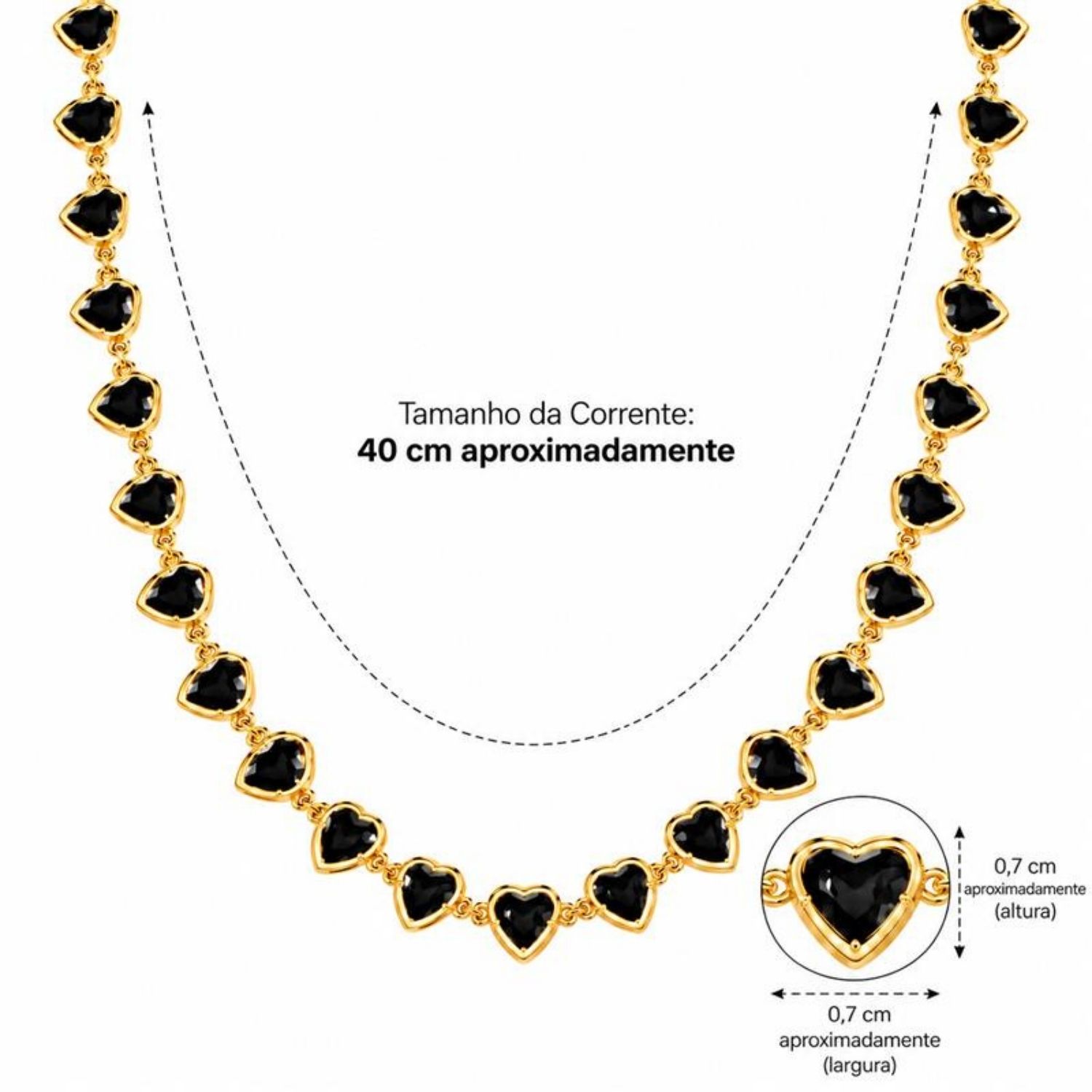 Colar Corações Cristal Negro Banhado a Ouro
