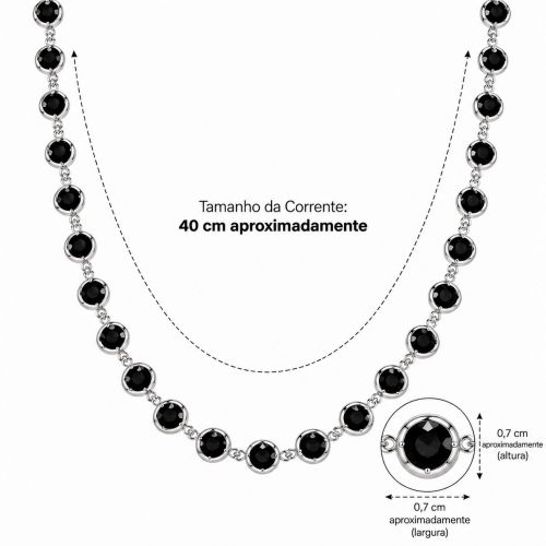 Colar Cristal Negro Redondo Banhado a Prata
