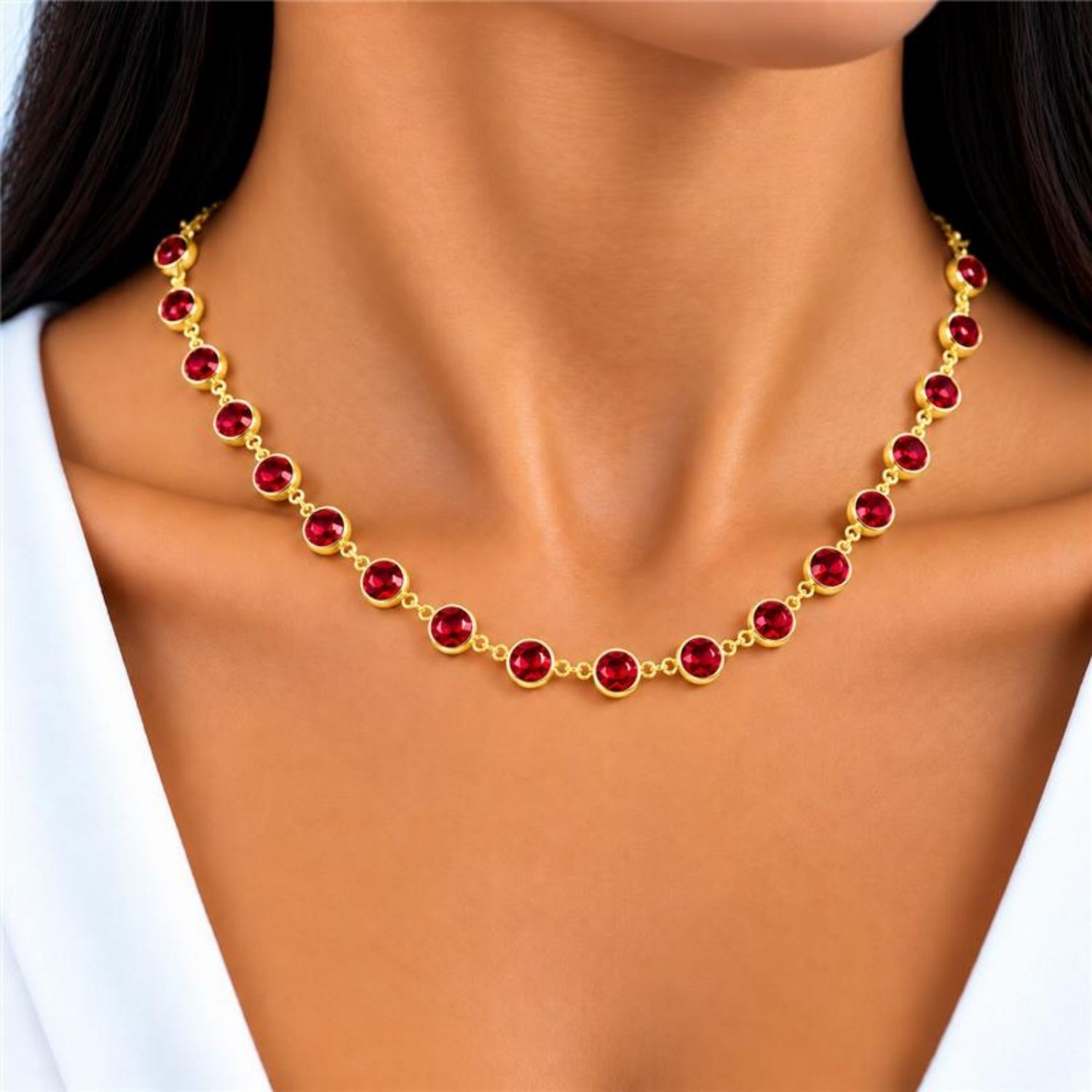 Colar Cristal Rubi Redondo Banhado a Ouro
