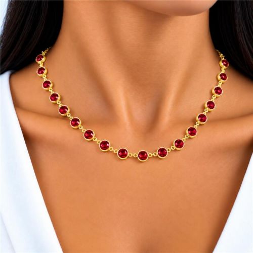 Colar Cristal Rubi Redondo Banhado a Ouro