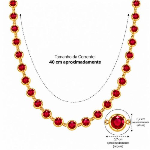 Colar Cristal Rubi Redondo Banhado a Ouro