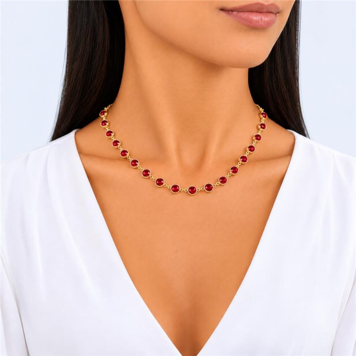 Colar Cristal Rubi Redondo Banhado a Ouro