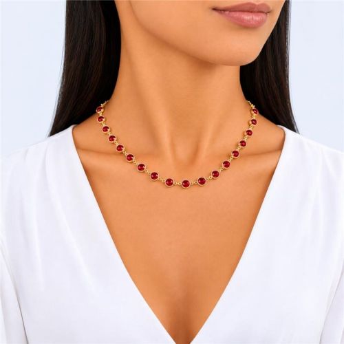 Colar Cristal Rubi Redondo Banhado a Ouro