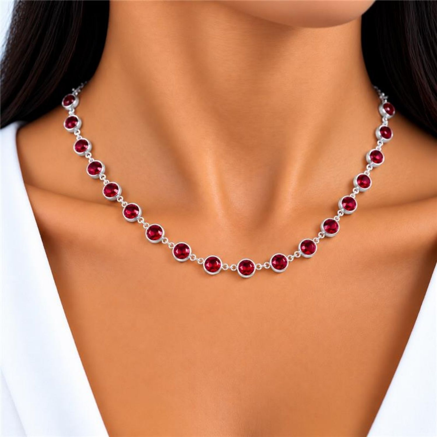 Colar Cristal Rubi Redondo Banhado a Prata