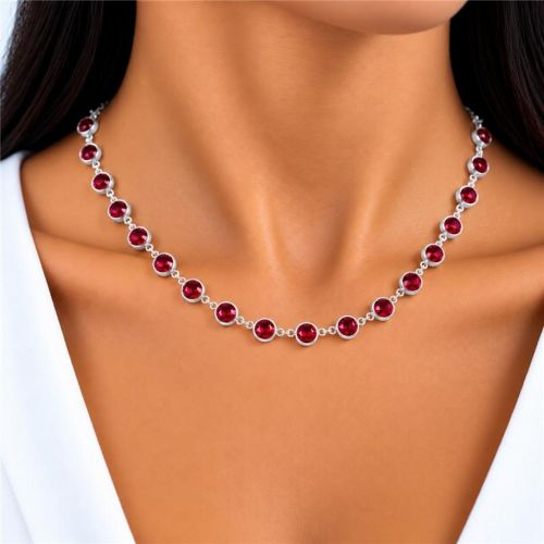 Colar Cristal Rubi Redondo Banhado a Prata