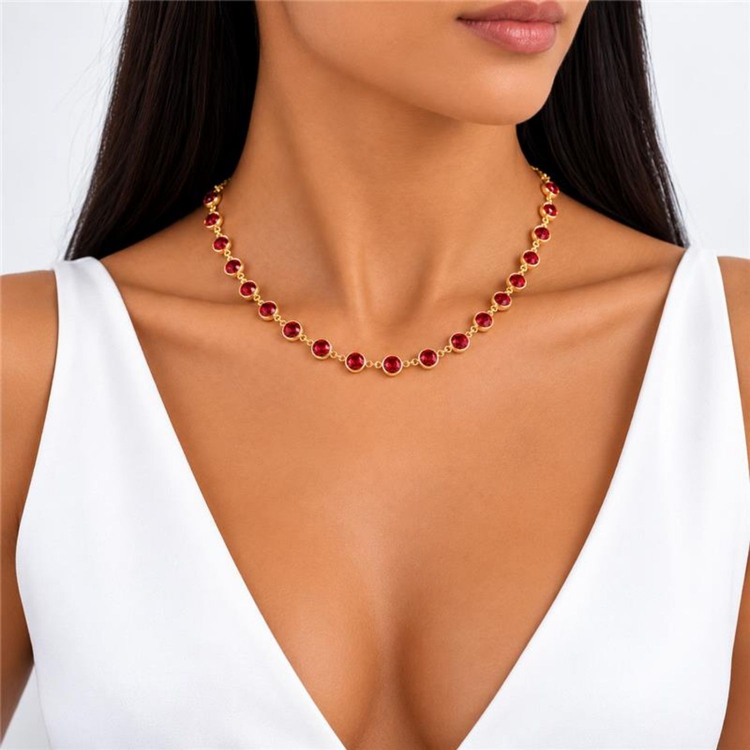 Colar Cristal Rubi Redondo Banhado a Prata