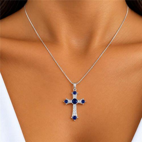 Colar Cruz Zircônia Azul e Cristal Banhado a Prata