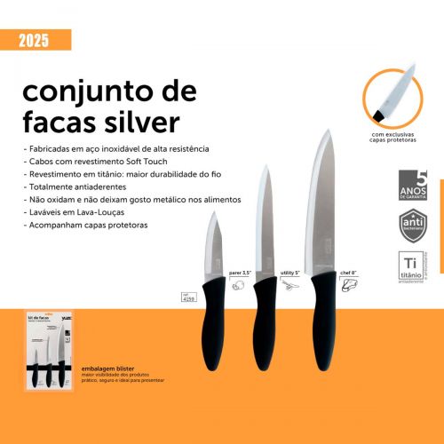 Kit 3 Facas Titanium Silver Yuze
