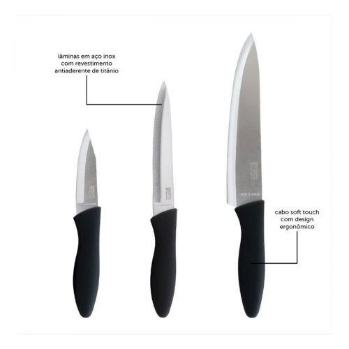 Kit 3 Facas Titanium Silver Yuze