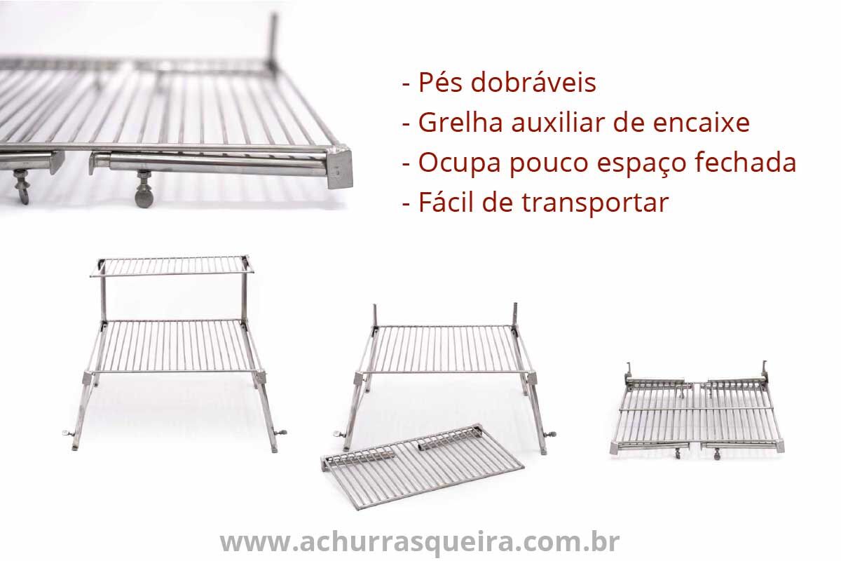 Grelha Portátil p/ Camping com Grelha Auxiliar Inox 304