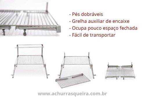 Grelha Portátil p/ Camping com Grelha Auxiliar Inox 304
