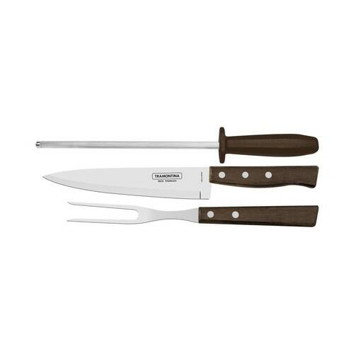 Jogo 3 pe�as para Churrasco em A�o Inox com Cabo Marrom Madeira e Polipropileno Tramontina