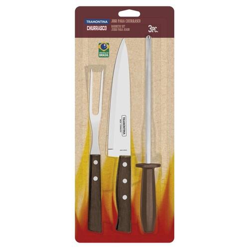 Jogo 3 pe�as para Churrasco em A�o Inox com Cabo Marrom Madeira e Polipropileno Tramontina