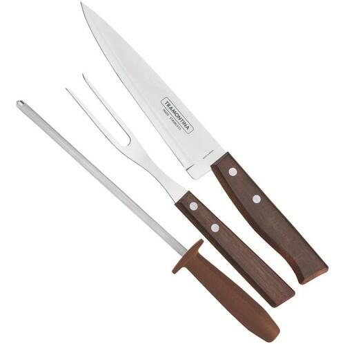 Jogo 3 pe�as para Churrasco em A�o Inox com Cabo Marrom Madeira e Polipropileno Tramontina
