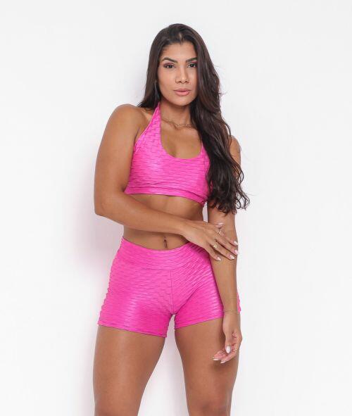 Conjunto Short B�sico Curtinho Textura Gloss Rosa + Top Jhully