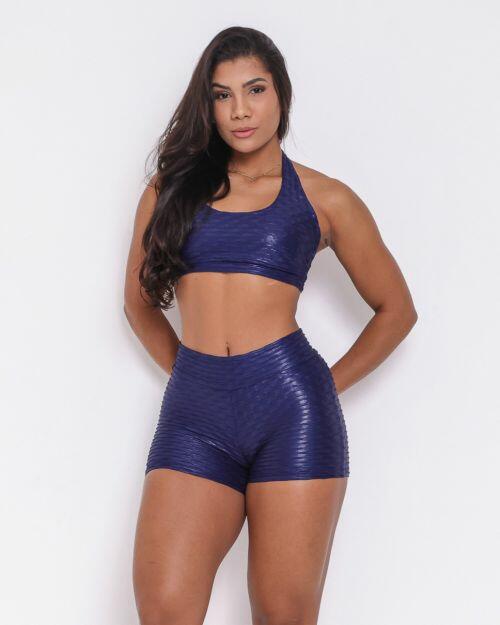 Conjunto Short B�sico Curtinho Textura Gloss Marinho + Top Jhully