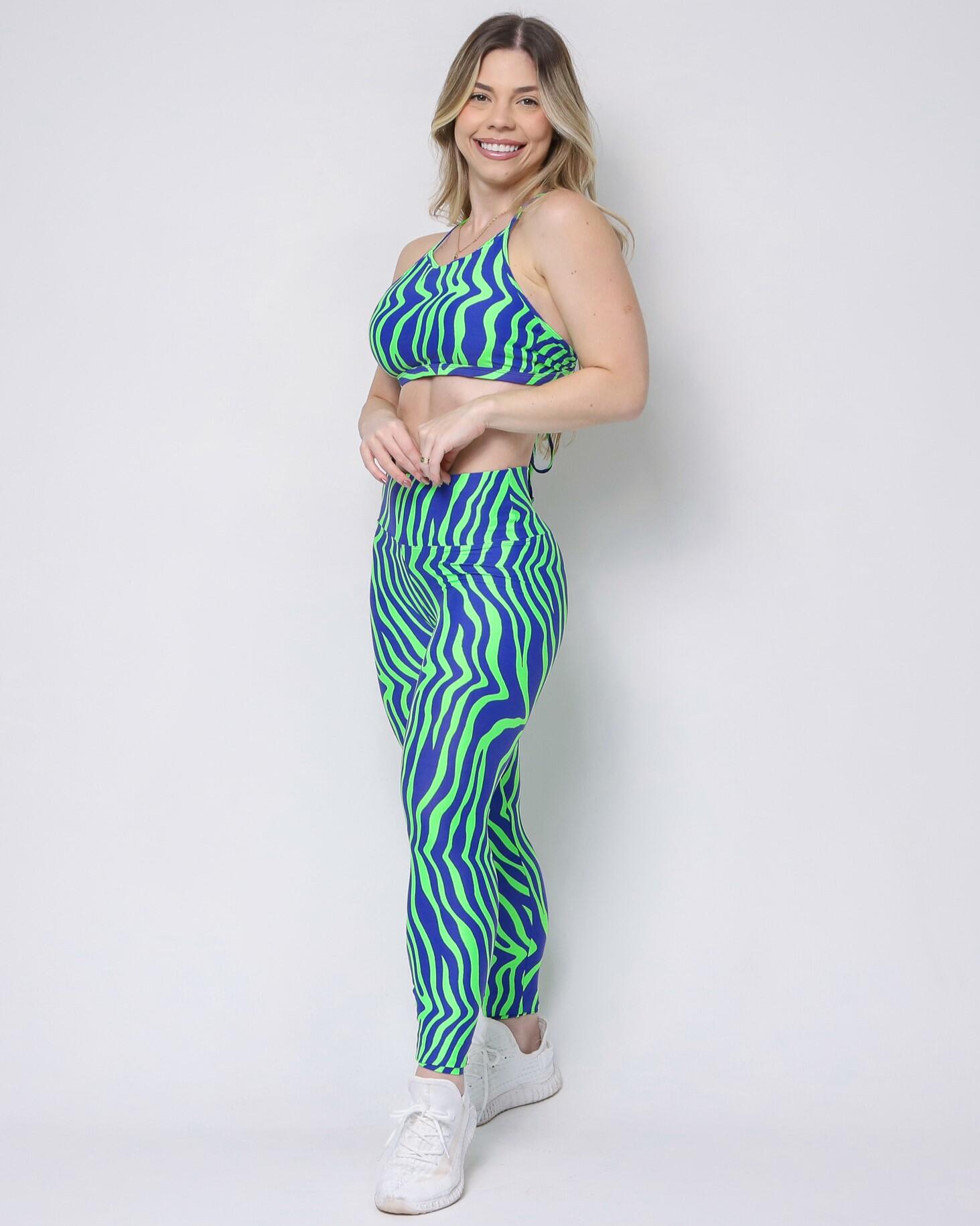 Conjunto Calça Legging Básica Savana Zebra Verde/Azul + Top Paula